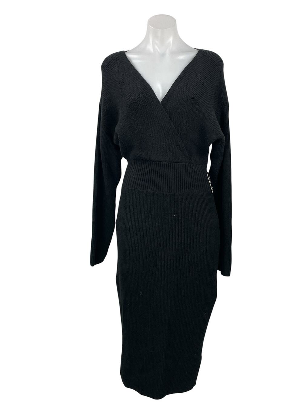NEW Express Women's Black Ribbed Knit Long Sleeve V Neck Midi Sweater Dress M